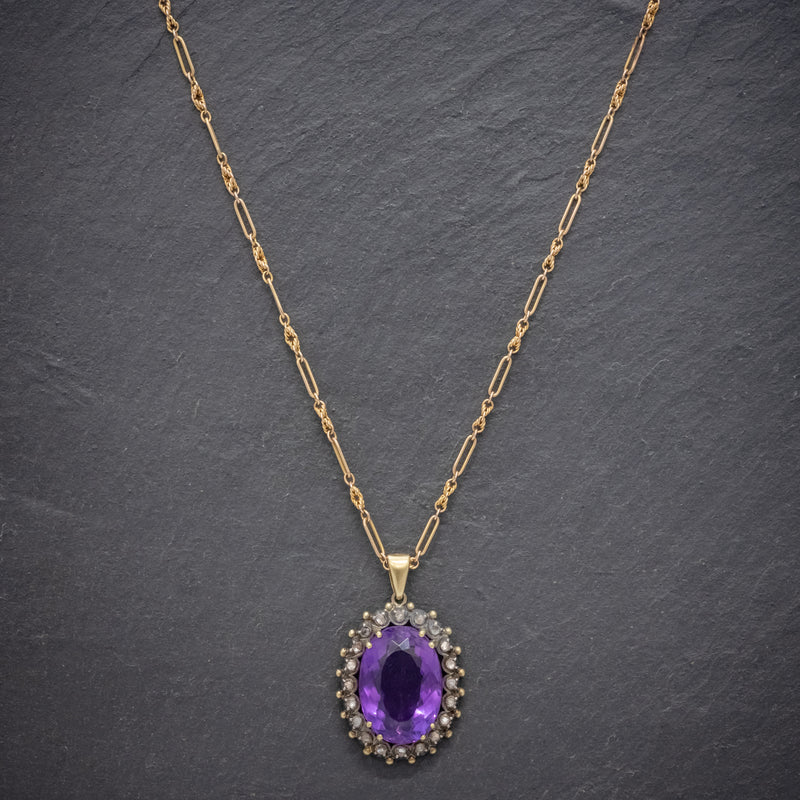 ANTIQUE FRENCH 20CT AMETHYST DIAMOND PENDANT NECKLACE 18CT GOLD SILVER CIRCA 1900 NECK