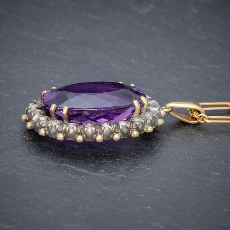 ANTIQUE FRENCH 20CT AMETHYST DIAMOND PENDANT NECKLACE 18CT GOLD SILVER CIRCA 1900 SIDE