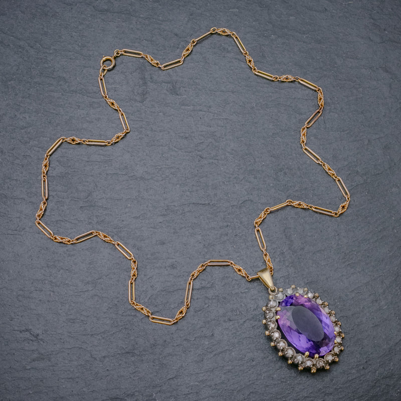 ANTIQUE FRENCH 20CT AMETHYST DIAMOND PENDANT NECKLACE 18CT GOLD SILVER CIRCA 1900 TOP