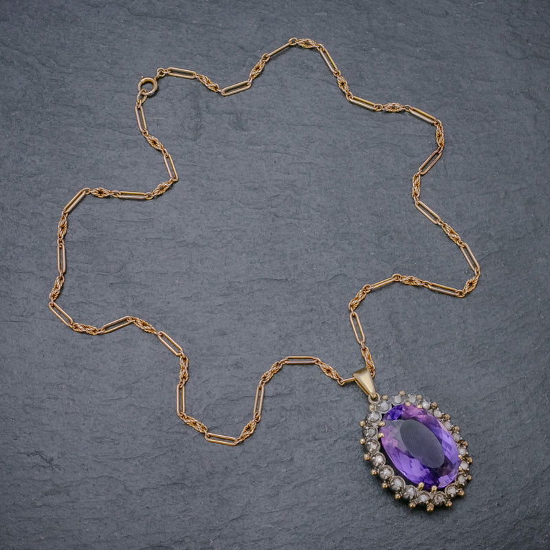 ANTIQUE FRENCH 20CT AMETHYST DIAMOND PENDANT NECKLACE 18CT GOLD SILVER CIRCA 1900 TOP