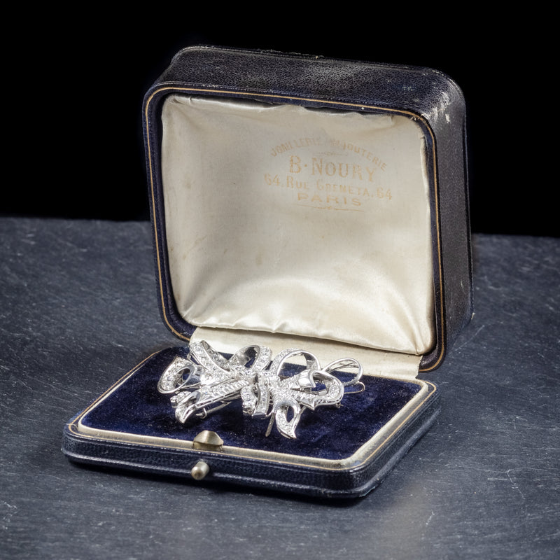 Antique French Edwardian 15ct Diamond Double Clip Brooch Platinum Circa 1915 box open