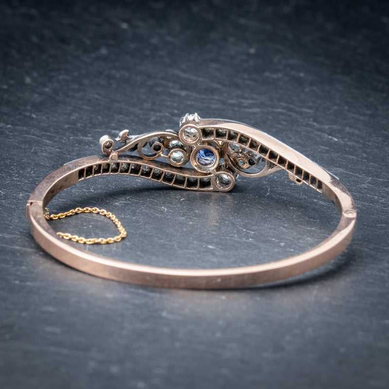 Antique French Sapphire Diamond Bangle 18ct Gold Circa 1910 Boxed BACK