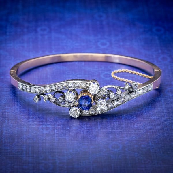 Antique French Sapphire Diamond Bangle 18ct Gold Circa 1910 Boxed COVER