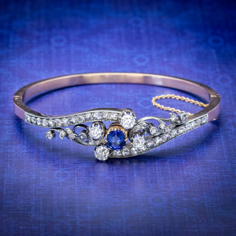 Antique French Sapphire Diamond Bangle 18ct Gold Circa 1910 Boxed COVER