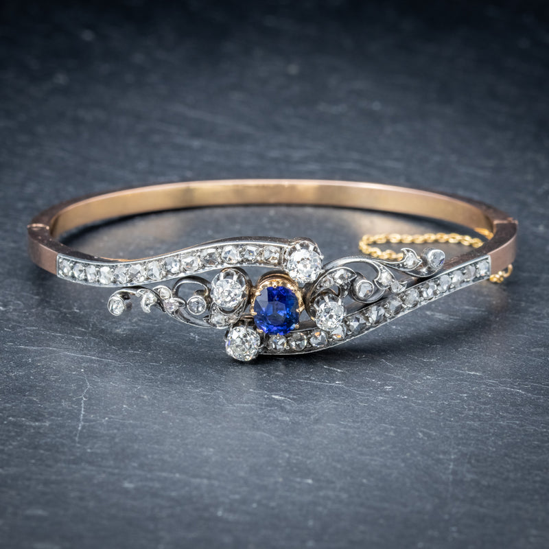 Antique French Sapphire Diamond Bangle 18ct Gold Circa 1910 Boxed FRONT