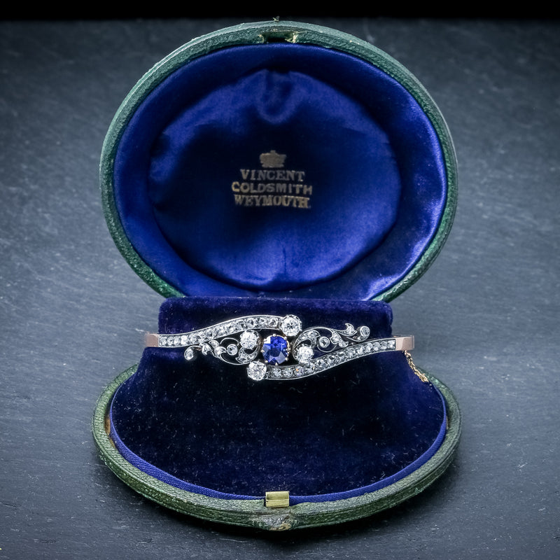 Antique French Sapphire Diamond Bangle 18ct Gold Circa 1910 Boxed OPEN