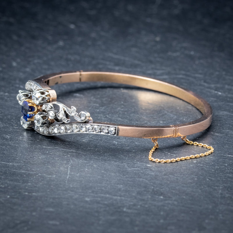 Antique French Sapphire Diamond Bangle 18ct Gold Circa 1910 Boxed SIDE