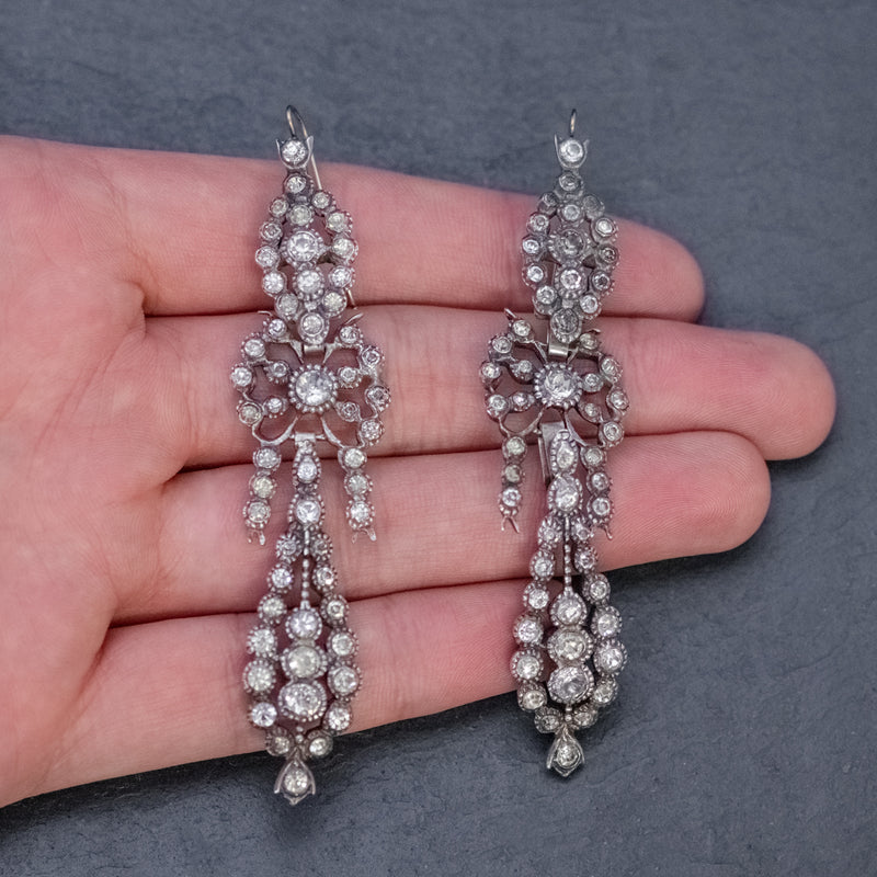 ANTIQUE FRENCH TRIPLE DROP PASTE EARRINGS SILVER GOLD CIRCA 1900 HAND
