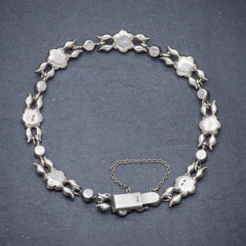 Antique French Victorian Floral Paste Stone Bracelet Silver Circa 1900 BACK