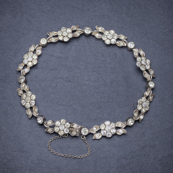Antique French Victorian Floral Paste Stone Bracelet Silver Circa 1900 FRONT