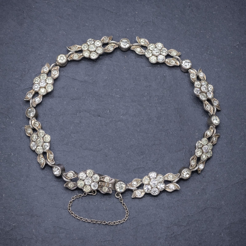 Antique French Victorian Floral Paste Stone Bracelet Silver Circa 1900 FRONT
