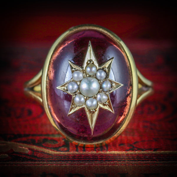 ANTIQUE GARNET RING VICTORIAN 18CT GOLD PEARL STAR CIRCA 1880 COVER