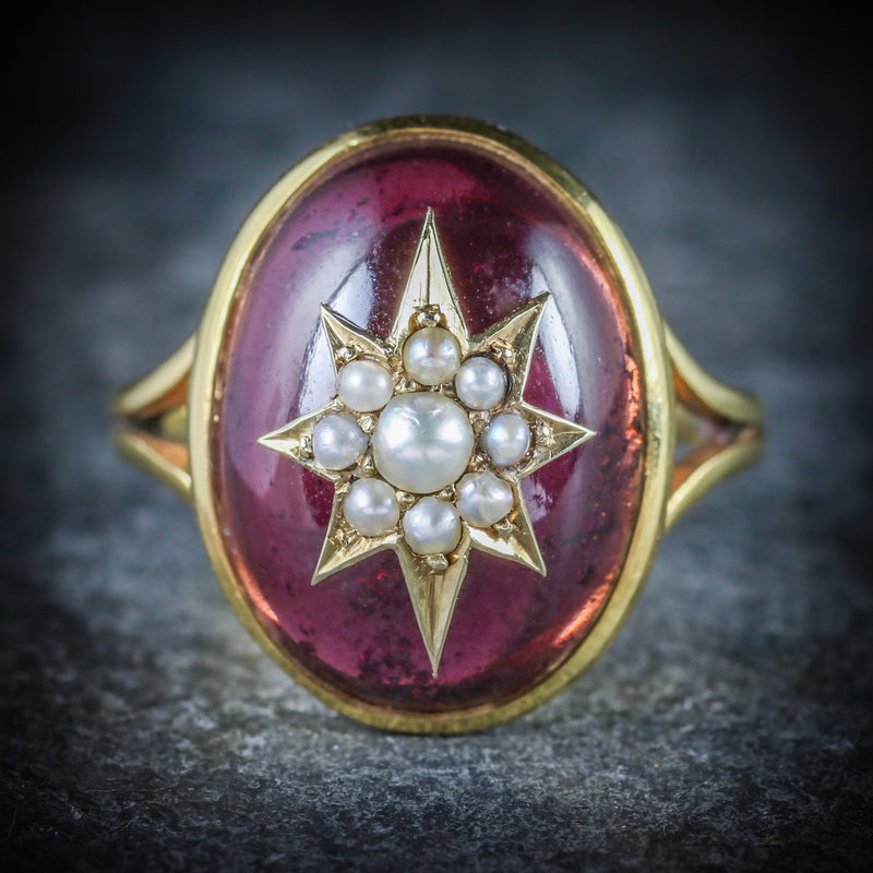 ANTIQUE GARNET RING VICTORIAN 18CT GOLD PEARL STAR CIRCA 1880 FRONT