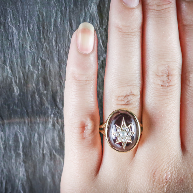 ANTIQUE GARNET RING VICTORIAN 18CT GOLD PEARL STAR CIRCA 1880 HAND