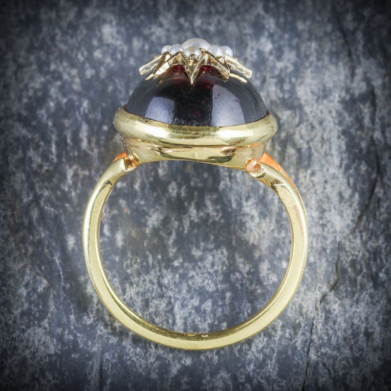 ANTIQUE GARNET RING VICTORIAN 18CT GOLD PEARL STAR CIRCA 1880 TOP