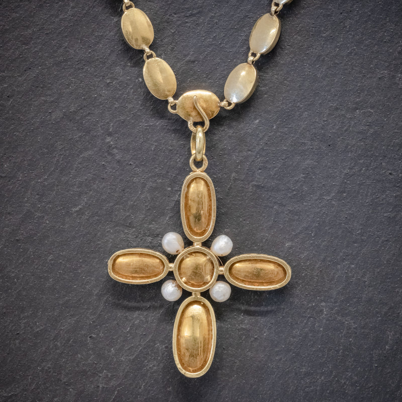 ANTIQUE GEORGIAN FRENCH GARNET PEARL CROSS PENDANT NECKLACE 18CT GOLD CIRCA 1820  BACK
