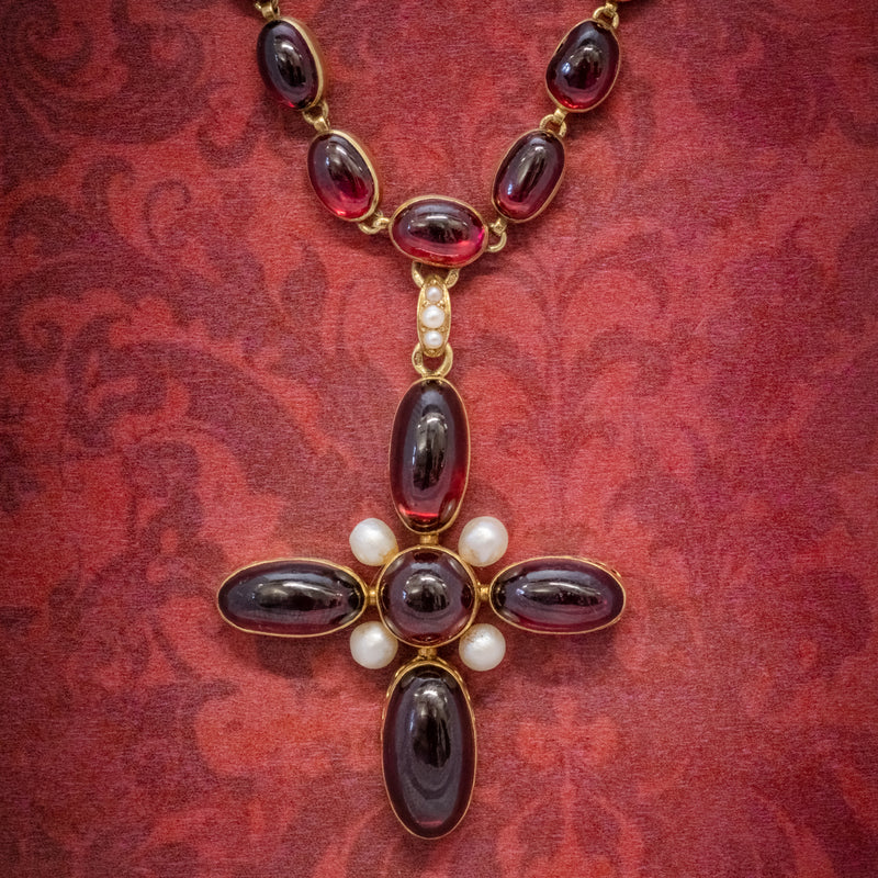 ANTIQUE GEORGIAN FRENCH GARNET PEARL CROSS PENDANT NECKLACE 18CT GOLD CIRCA 1820  COVER
