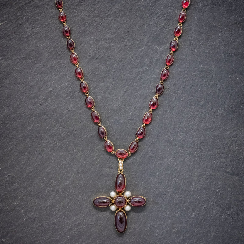 ANTIQUE GEORGIAN FRENCH GARNET PEARL CROSS PENDANT NECKLACE 18CT GOLD CIRCA 1820  NECK