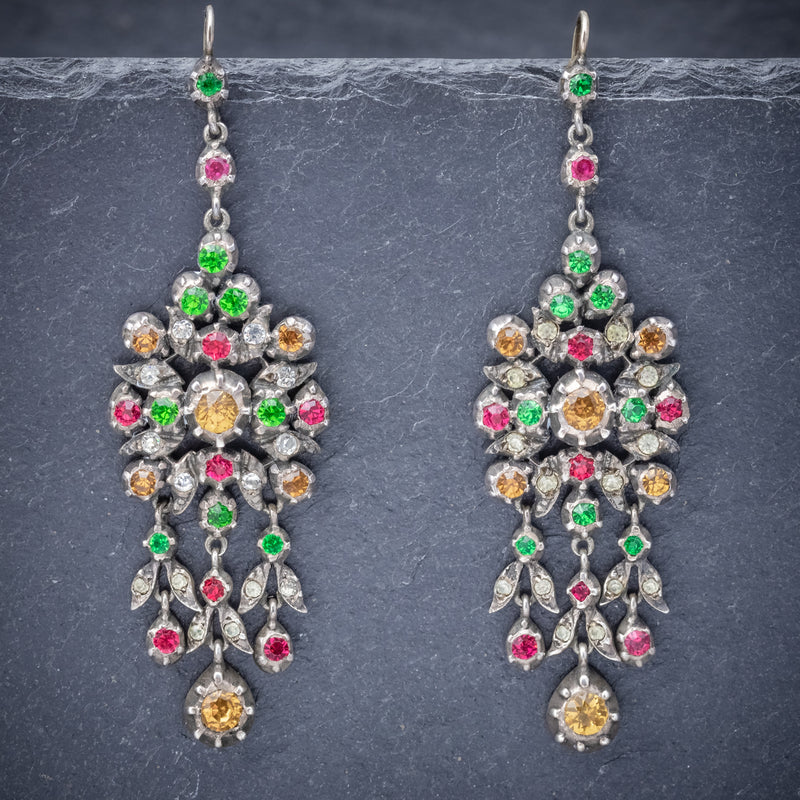 Antique Georgian Paste Stone Drop Earrings Silver Circa 1800 FRONT