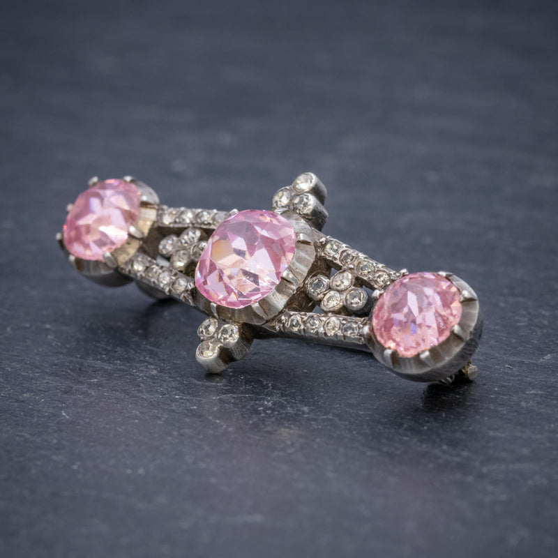 ANTIQUE GEORGIAN PINK PASTE STONE BAR BROOCH SILVER CIRCA 1800 SIDE