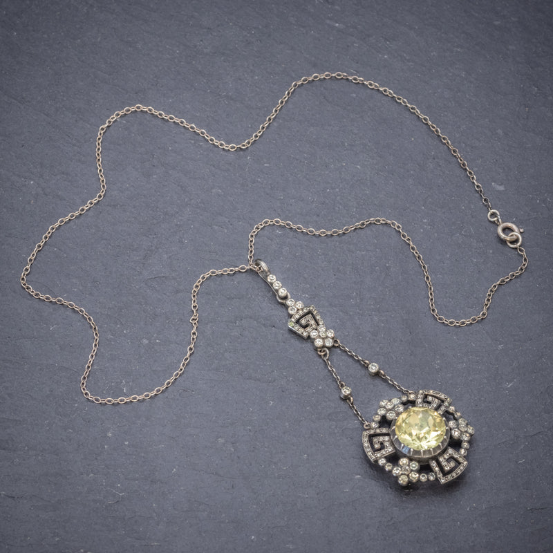 Antique Georgian Yellow Paste Stone Drop Pendant Necklace Silver Circa 1800 TOP
