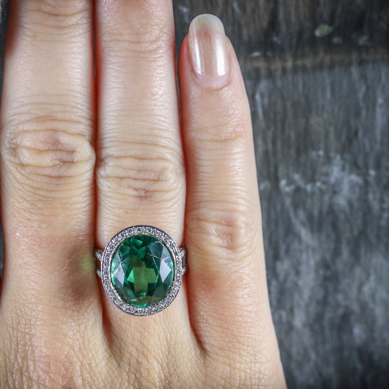 ANTIQUE GREEN SPINEL AND DIAMOND RING 18CT WHITE GOLD CIRCA 1940 TOP HAND