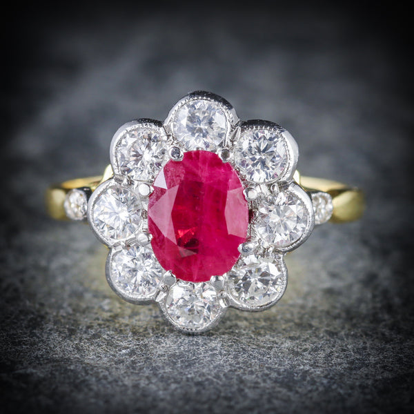 ANTIQUE RUBY & DIAMOND CLUSTER RING 18CT GOLD 1.80CT RUBY 1.20CT DIAMOND FRONT