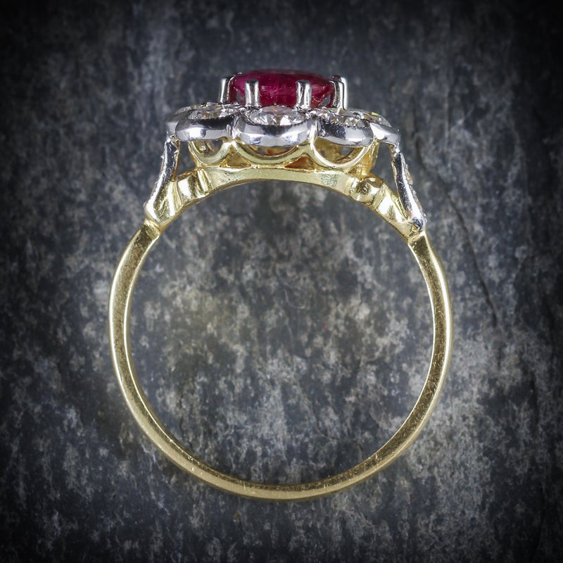 ANTIQUE RUBY & DIAMOND CLUSTER RING 18CT GOLD 1.80CT RUBY 1.20CT DIAMOND TOP