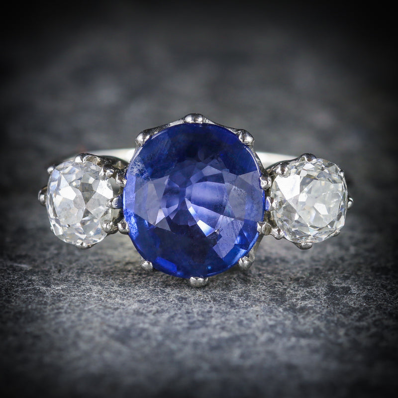 ANTIQUE SAPPHIRE DIAMOND RING 3.50CT SAPPHIRE 1.50CT DIAMOND PLATINUM TRILOGY RING FRONT