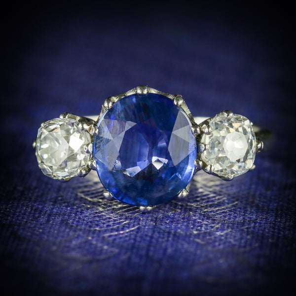 ANTIQUE SAPPHIRE DIAMOND RING 3.50CT SAPPHIRE 1.50CT DIAMOND PLATINUM TRILOGY RING COVER