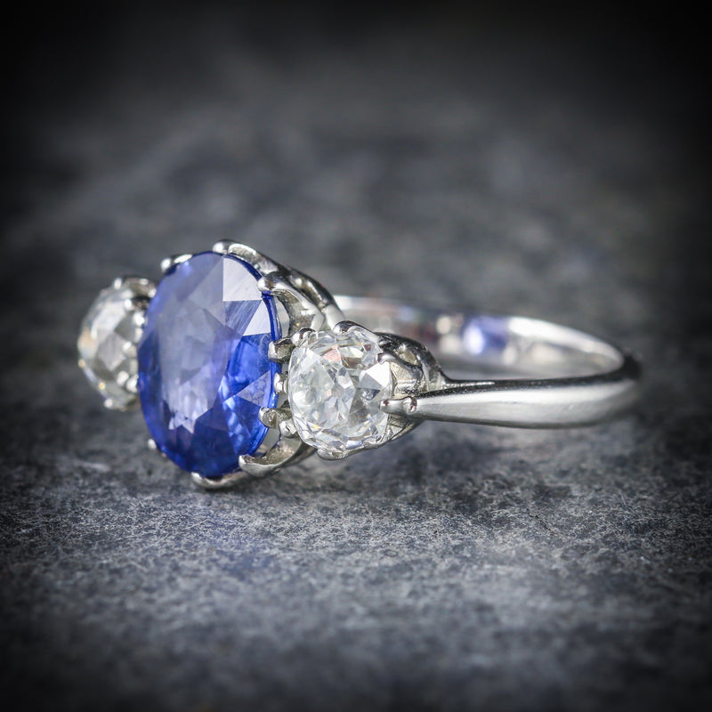 ANTIQUE SAPPHIRE DIAMOND RING 3.50CT SAPPHIRE 1.50CT DIAMOND PLATINUM TRILOGY RING SIDE