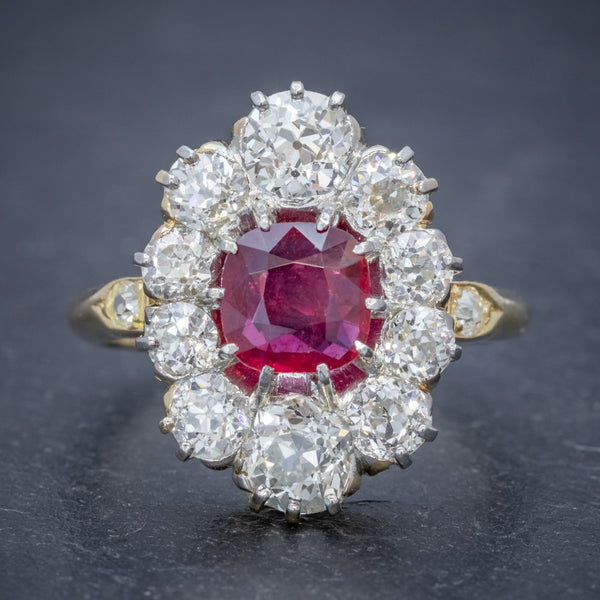 ANTIQUE VICTORIAN 1.60CT RUBY 3CT DIAMOND CLUSTER RING 18CT GOLD CIRCA 1880 FRONT