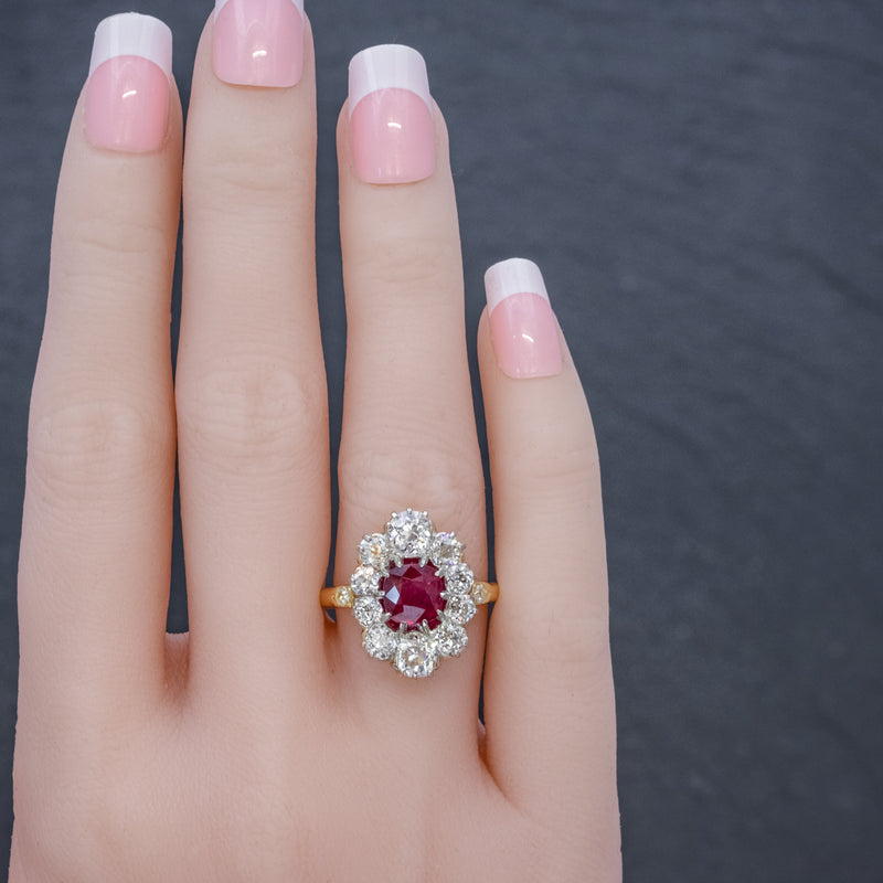 ANTIQUE VICTORIAN 1.60CT RUBY 3CT DIAMOND CLUSTER RING 18CT GOLD CIRCA 1880 HAND