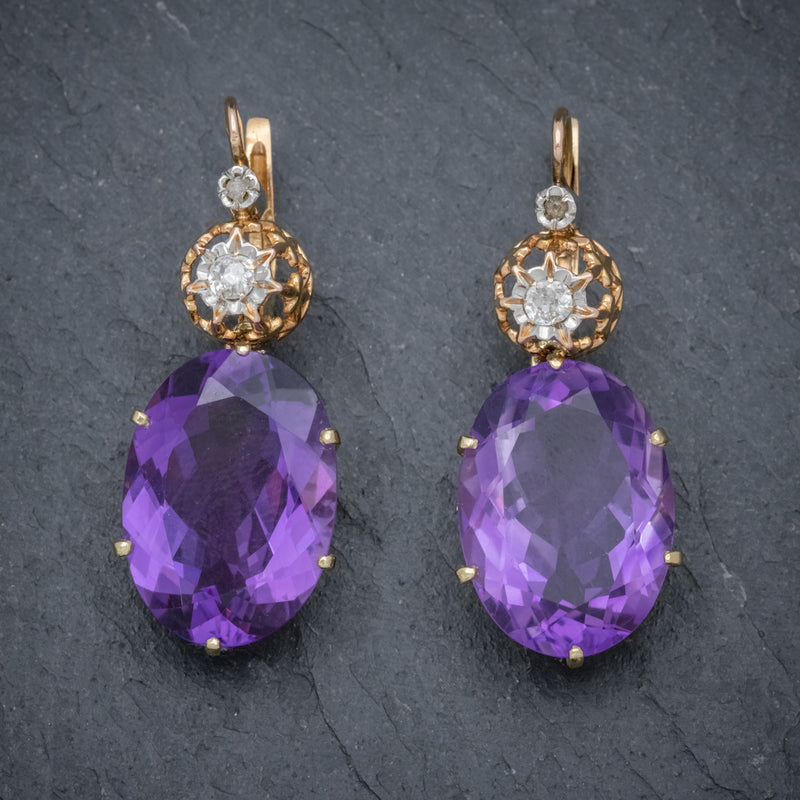 ANTIQUE VICTORIAN 18CT ROSE GOLD AMETHYST EARRINGS 16CT OF AMETHYST CIRCA 1900 FRONT