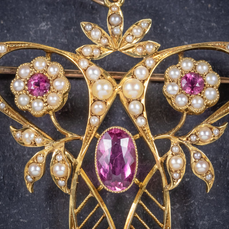 Antique Victorian 15ct Gold Pink Tourmaline Pearl Pendant Brooch Circa 1900 close