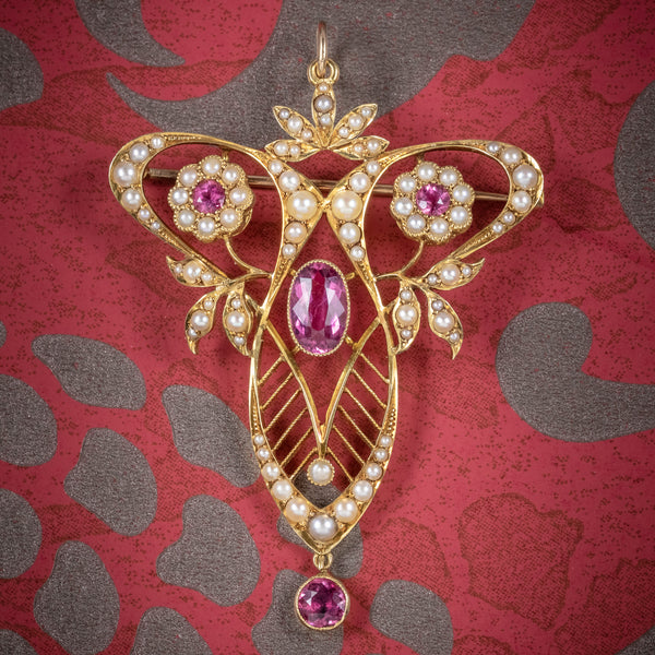 Antique Victorian 15ct Gold Pink Tourmaline Pearl Pendant Brooch Circa 1900 cover