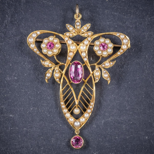 Antique Victorian 15ct Gold Pink Tourmaline Pearl Pendant Brooch Circa 1900 front