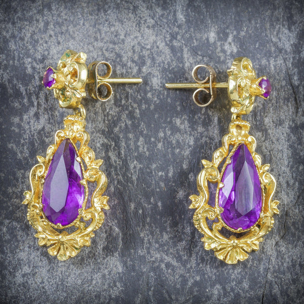 ANTIQUE VICTORIAN AMETHYST DROP EARRINGS 18CT GOLD CIRCA 1900 FRONT