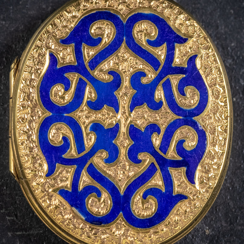 ANTIQUE VICTORIAN 18CT GOLD GILT BLUE ENAMEL LOCKET CIRCA 1880 CLOSEUP