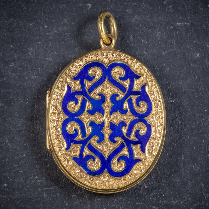 ANTIQUE VICTORIAN 18CT GOLD GILT BLUE ENAMEL LOCKET CIRCA 1880 FRONT