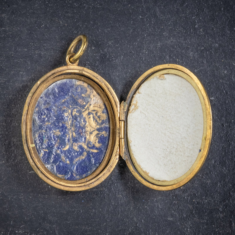 ANTIQUE VICTORIAN 18CT GOLD GILT BLUE ENAMEL LOCKET CIRCA 1880 OPEN
