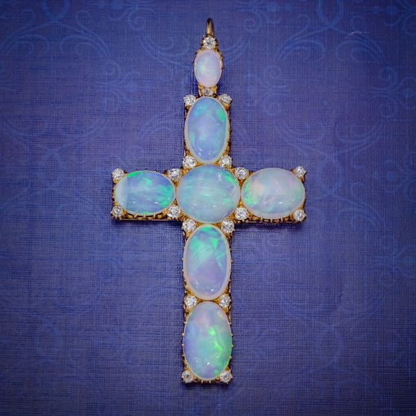 ANTIQUE VICTORIAN 35CT OPAL CROSS PENDANT DIAMOND 18CT GOLD CIRCA 1900 COVER