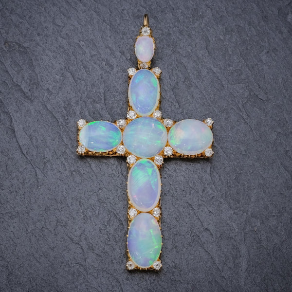 ANTIQUE VICTORIAN 35CT OPAL CROSS PENDANT DIAMOND 18CT GOLD CIRCA 1900 FRONT