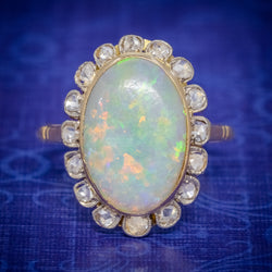 Antique Victorian 6ct Natural Opal Diamond Cluster Ring 18ct Gold Circa 1900 COVER