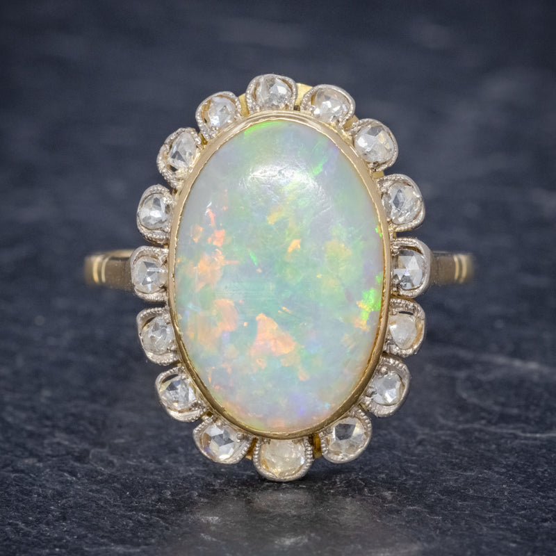 Antique Victorian 6ct Natural Opal Diamond Cluster Ring 18ct Gold Circa 1900 FRONT