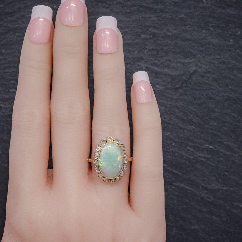 Antique Victorian 6ct Natural Opal Diamond Cluster Ring 18ct Gold Circa 1900 HAND