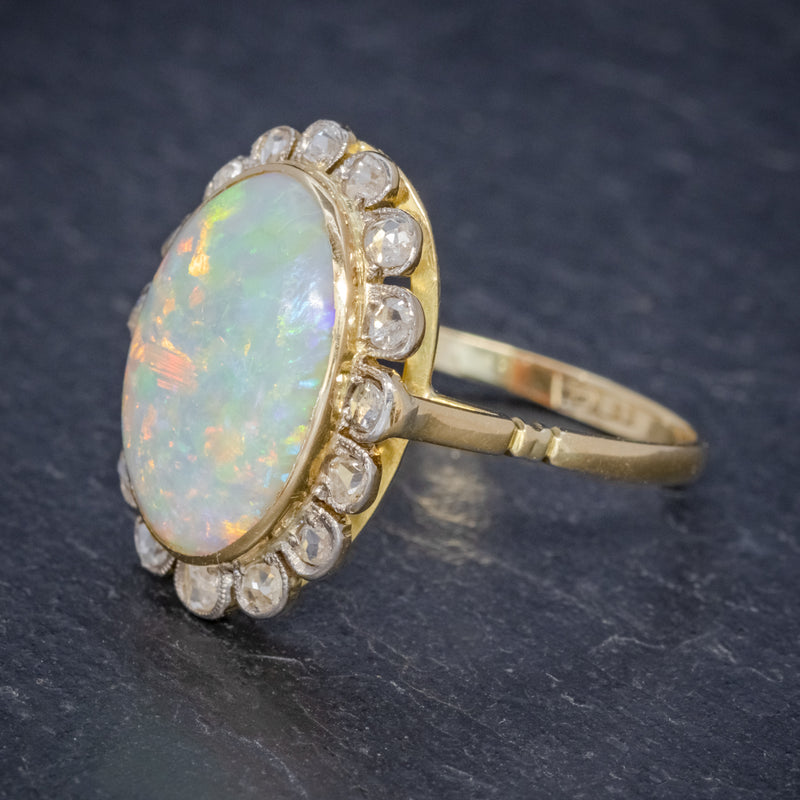 Antique Victorian 6ct Natural Opal Diamond Cluster Ring 18ct Gold Circa 1900 SIDE