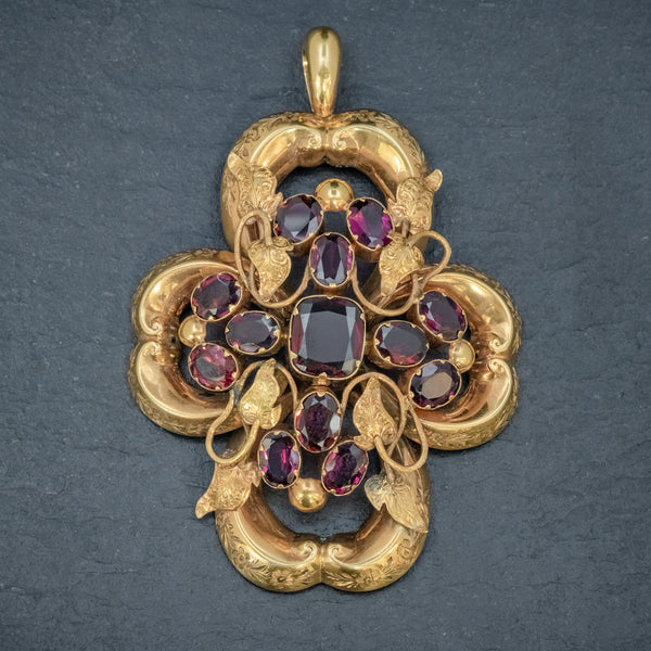 ANTIQUE VICTORIAN ALMANDINE GARNET IVY PENDANT 18CT GOLD CIRCA 1880 FRONT