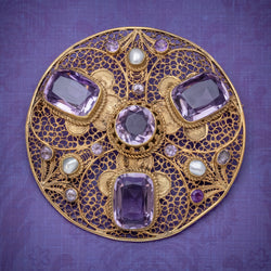 ANTIQUE VICTORIAN AMETHYST BROOCH PEARL 18CT GOLD SILVER CIRCA 1900 COVER