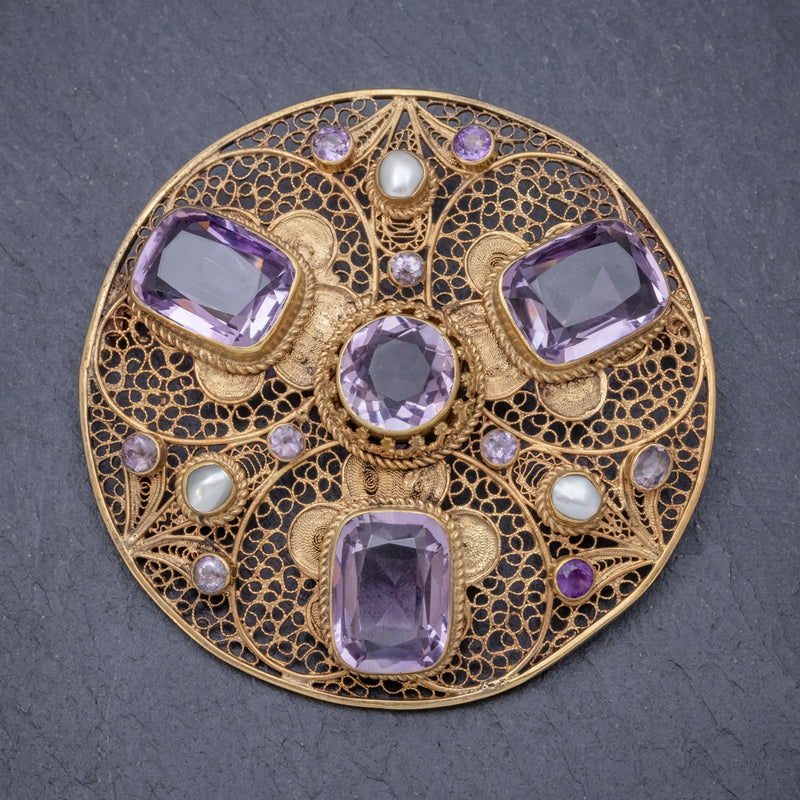 ANTIQUE VICTORIAN AMETHYST BROOCH PEARL 18CT GOLD SILVER CIRCA 1900 FRONT